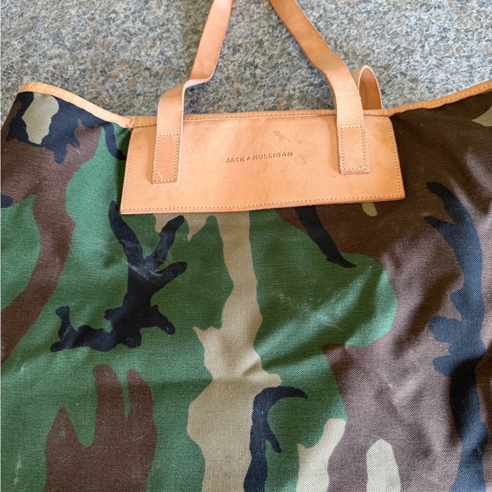 Camouflage Canvas Tote Bag with Tan Leather Jack+ Mulligan